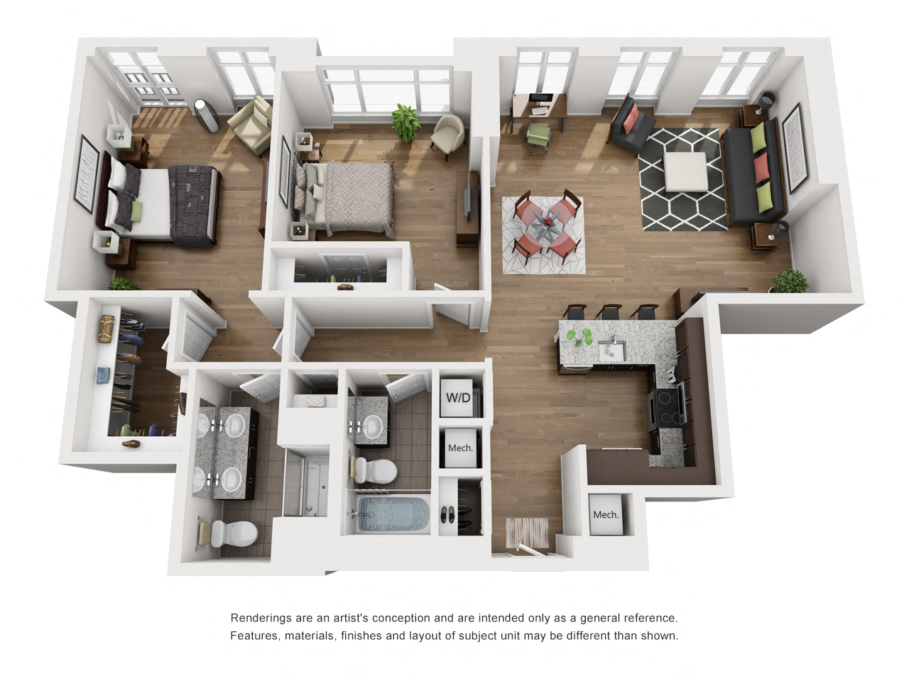 Floor plan for 2 beds, 2 baths, 1328 sqft